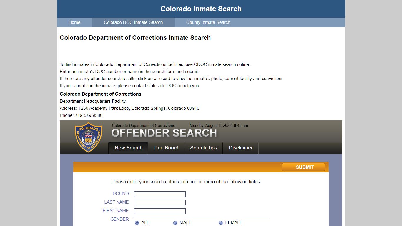 Colorado Department of Corrections Inmate Search